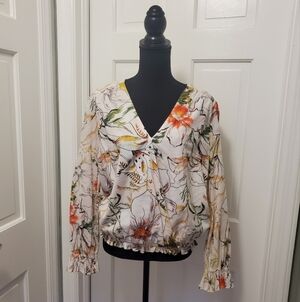 Inc. International Concepts Floral Print 100% Cotton L/S Top Lge, Ruffle Hemline